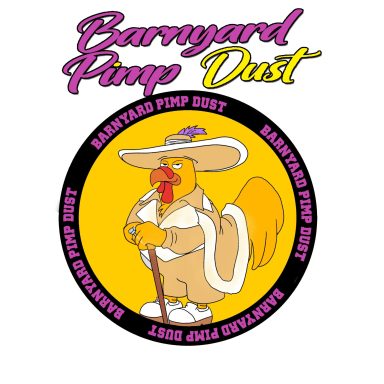 A cartoon rooster wearing a sombrero and sunglasses, promoting Barnyard Pimp Dust.